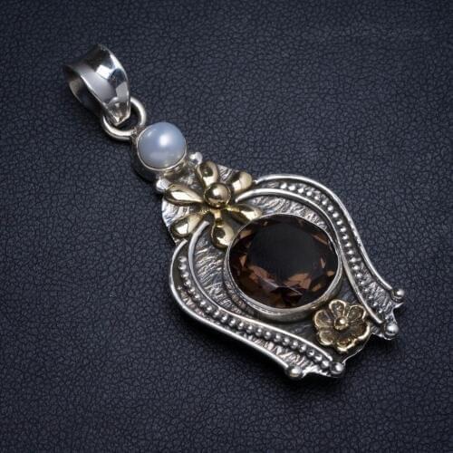 Natural Two Tones Smoky Quartz and River Pearl Handmade Unique 925 Sterling Silver Pendant 2" X0188