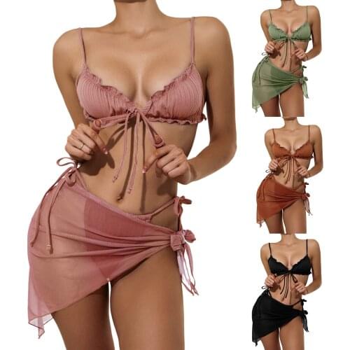 2021 newest Women Split Swimsuit Set Solid Color Bikini with Ruffles+Lace-up Panties+See-through Mesh Cover Ups