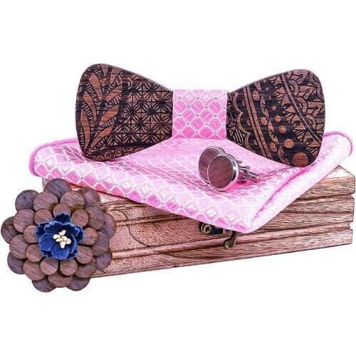 Novelty Wooden Bow Tie Business Male Pocket Square Cufflink Brooch Bowtie Set for Mens Novelty Wood Bowtie Women Bowknot