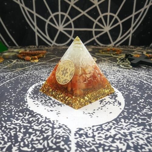 Orgonite Pyramid Raziel Svadisthara Chakra Increase Willpower Red Aventurine White Crystal Resin Pyramid Decoration