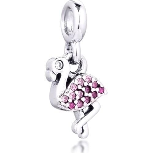Real 925 Sterling Silver My Pink Flamingo Dangle Charms Fit for Pandora Me Bracelet Small Hole Beads DIY Jewelry Accessories