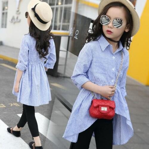 2018 Spring Fall Kids Girls Shirts Children Cotton Shirt Dress Blue Striped Blouse dress 4 6 8 10 12 Years Girls Tops Clothes