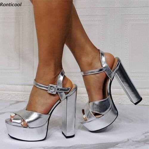 Ronticool Handmade Women Summer Platform Sandals Ankle Strap Block Heel Open Toe Gorgeous Silver Night Club Shoes US Size 5-20