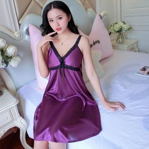 Sexy Lace Nightgown Women Silk Satin Nightwear Female Sleeveless V-neck Night Gown Nightie Nightdress