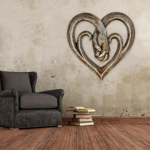 Heart Holding Hands Wall Decor Resin Imitation Wood Decorative Art Sculpture Faux Wood Finish Wall Hanging Forever Love