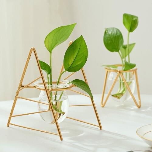 Modern Home Decor Glass Hydroponic Plant Vases Metal Shelf Vintage Flower Pot Transparent Vase Tabletop Plants Home Bonsai Decor