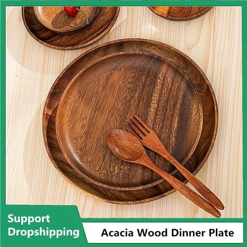 Kawaii Acacia Wood Dinner Plates Wood Solid Wooden Pan Plate Fruit Dishes Saucer Tea Tray Dessert Dinner Plate Round Tableware