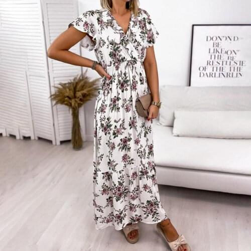 Bohemian Print Woman Summer Maxi Dress V Neck Lady Short Sleeve Elegant Sundress For Female Waist Tight Lotus Leaf Loose Dress