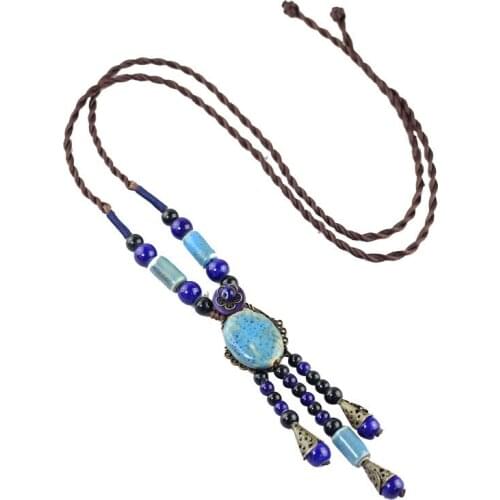 Vintage Ethnic Style Long Sweater Chain For Women Fashion Ceramic Beads Pendant Necklace Jewelry Accessories