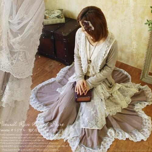 Mori Girl Pleated Skirt Women Clothing Asymmetrical Cotton Patchwork Lace Embroidery Casual Female Kawaii Princess Skirt A180