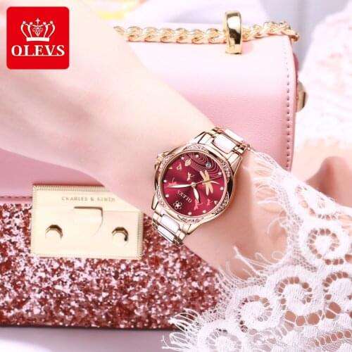 OLEVS Butterfly Women Watch Fashion Ceramic Dress Automatic Mechanical Diamond Simple Waterproof Luminous Ladies Wristwatch 6610