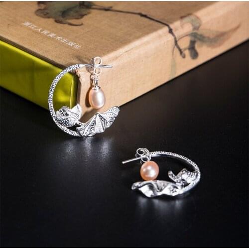 S925 Sterling Silver Lotus earrings female 2021 new wave classical ethnic style pearl long temperament earrings