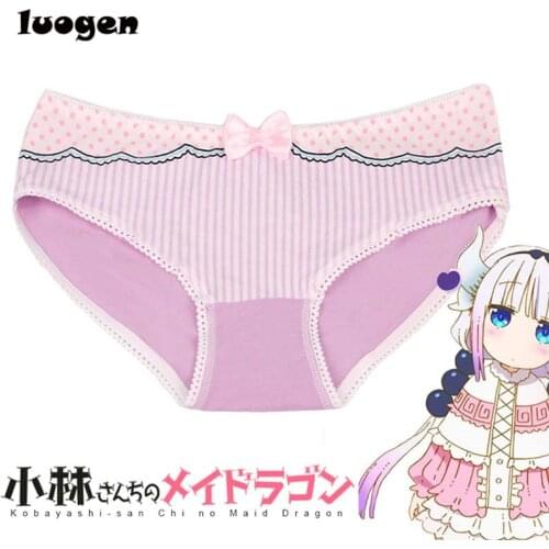 Womens Striped Cotton briefs Cute Lolita Girls Bow Mid-waist panties Ladies briefs underwear Miss Kobayashis Dragon Cosplay
