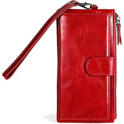 High Quality Women Wallets Oil Wax Cow Leather Long Lady Phone Bag Zipper Clutch Purse Large Capacity Card Holder Wallet