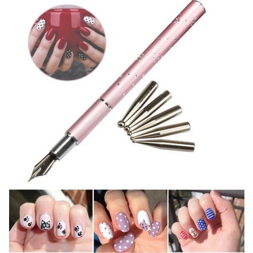 1 Sets 6 Heads Stainless Steel DIY Nail Art Pen Drawing Dotting Decor Sets for Salon Manicure Pick Up Rhinestones Tools