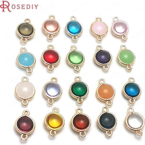 10PCS 14x9MM 24K Gold Color Plated Brass and Glass 2 Holes Round Connect Charms Pendants Diy Jewelry Findings Accessories