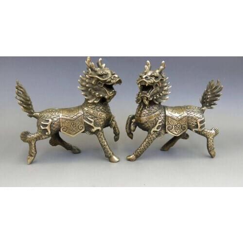 Decoration bronze factory outlets Pure Brass A Pair of Elaborate Chinese Copper Animal Fengshui kylin unicorn Foo Dog Statue