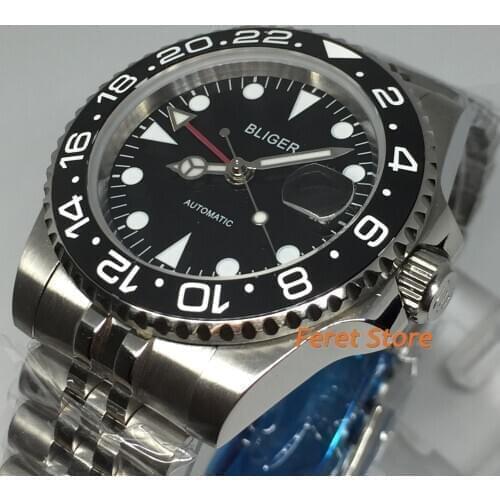 Bliger 40mm silver case sapphire glass Luminous black dial ceramic bezel red GMT date window waterproof automatic watch