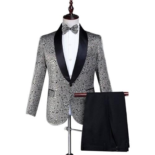 Elegant Embroidery Mens Suits Shawl Lapel Slim Blazer Coat Trousers Stage Singer Wedding Groom Tuxedo Costume