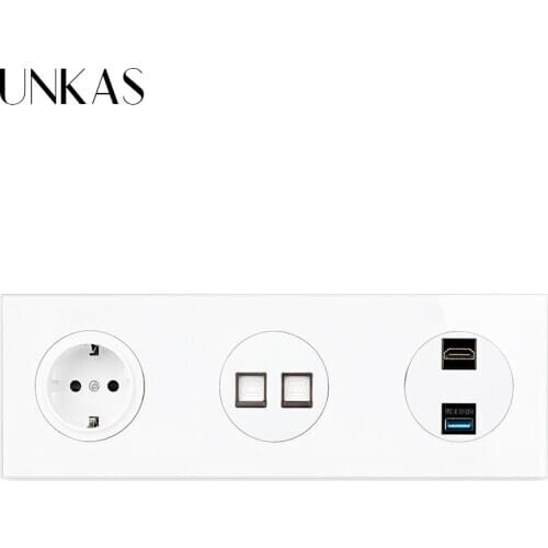 UNKAS 16A EU Wall Power Socket + Female Dual RJ11 Telephone Jack + HDMI-Compatible 2.0 USB 3.0 Port Tempered Crystal Glass Panel