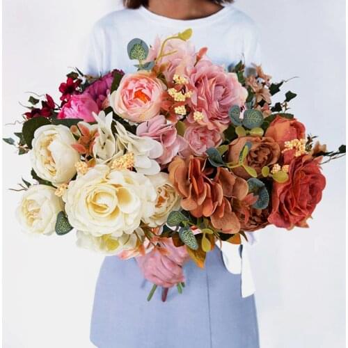 47cm Simulation Rose Peony Hibiscus Silk Artificial Flowers Bouquet Fake Flowers for Home Garden Courtyard Wedding Party Decora