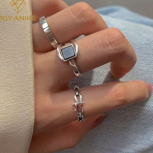 XIYANIKE 925 Sterling Silver Black Onyx Geometric Square Chain Ring Light Luxury Female Unique Design Fashion Exquisite Simple