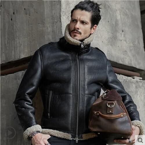Men Sheepskin Shearling Jacket Mens Genuine Leather Jackets Thick Outerwear Motorcycle Jackets Fashion Short Winter Fur Coat