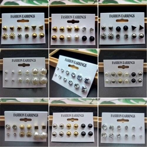 Fashion Acrylic Earrings Imitation Pearl Geometric Round Zircon Earrings Set Exquisite Small Jewelry Accessories