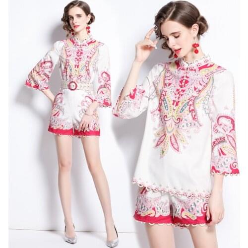 Fashion Pink Ethnic Style Twinest Two Piece Shorts Set Sweet Girls Cute Flare Sleeve Print Shirt Loose Top+ Pocket Shorts Suits