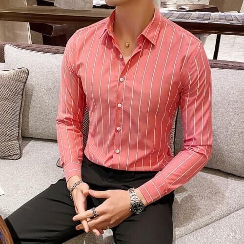 Mens Business Striped Shirt Casual Long Sleeve 2020spring New Fashion Slim Shirt Black White Mens Casual Long Sleeve Shirt 60