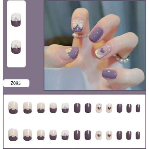 24pcs/Set False Nails DIY Purple Love 3D Bow Simple Finished Wearable Short Round Head Nail Art Fully Covered Nail Decoration