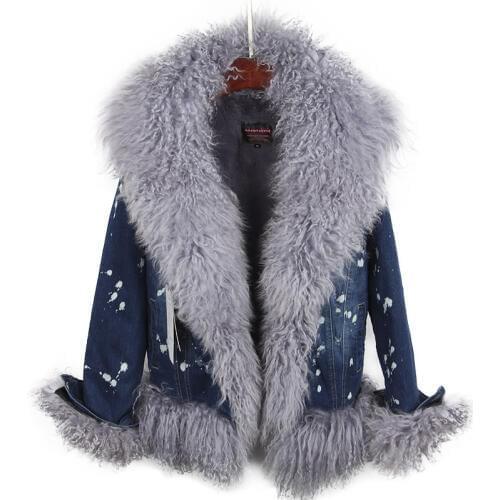 2020 new winter casual warm fashion short fur jacket faux fur Liner with luxurious wool fur collar denim coat