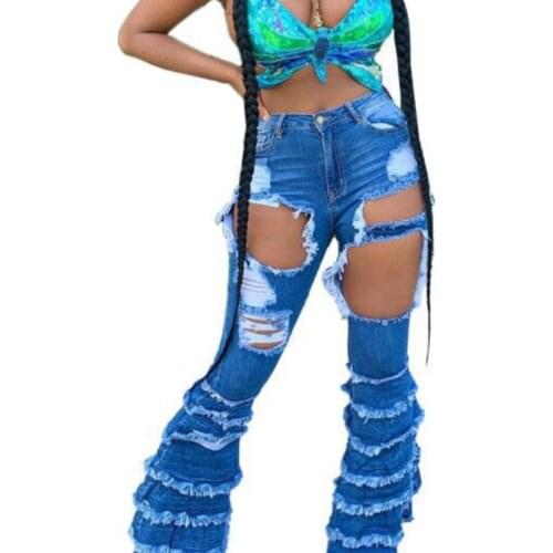Autumn Women Multilayer Stacked Flare Pants Sexy Hollow Out Ripped Hole Tassel Stretch Distressed Jeans Woman Skinny Blue Jeans
