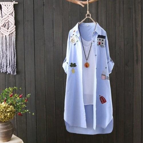 100% Cotton Autumn Long Shirt Womens Coat New Loose Medium Artistic Female Embroidery Tops Plus Size Korean Clothes Genuine Hot