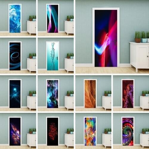 PVC Material Self-adhesive Door Stickers Art Colorful Light Tie-dye Blooming Abstract Home Decor Poster Door Decoration Stickers