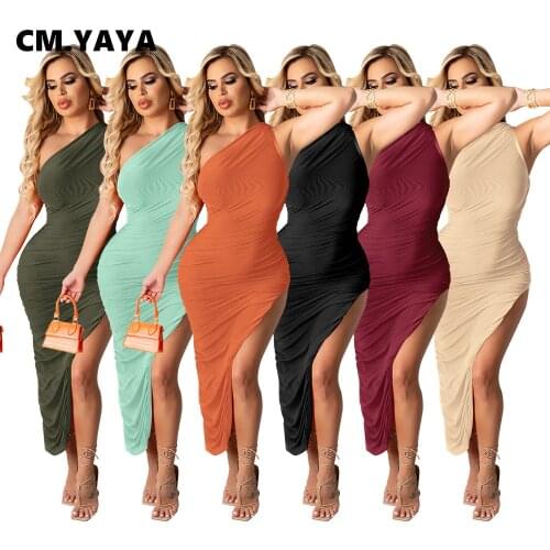 CM.YAYA Women Midi Plit Dress Solid Sleeveless One Shoulder Sheath Elastic Stacked Dresses Office Lady Elegant Party Dress 2021