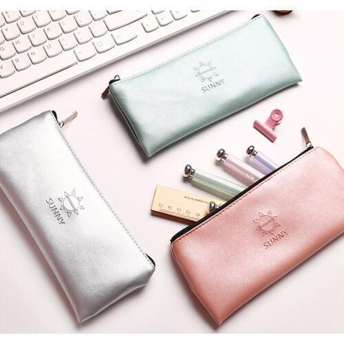 Super recommended Simple green gold silver pink leather Pencil Case School Supplies Bts Stationery Storage bag Pencil Box