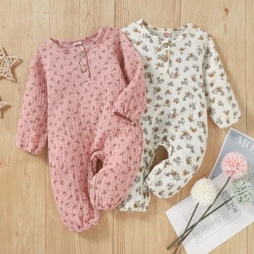 Spring Autumn Baby Girls Casual Round Collar Long Sleeve Romper Floral Printed Pattern Casual Jumpsuit Beige/Pink