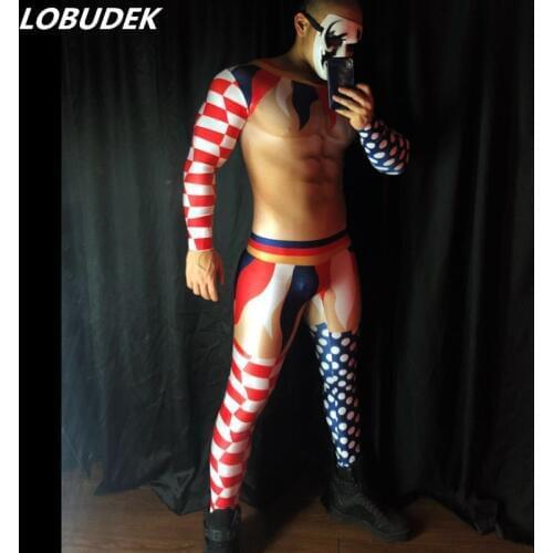 Colorful Pattern False Muscle Printed Skinny Jumpsuit Bar Club Male Pole Dancing Elastic Leotard Sexy Stage Wear DJ Performance