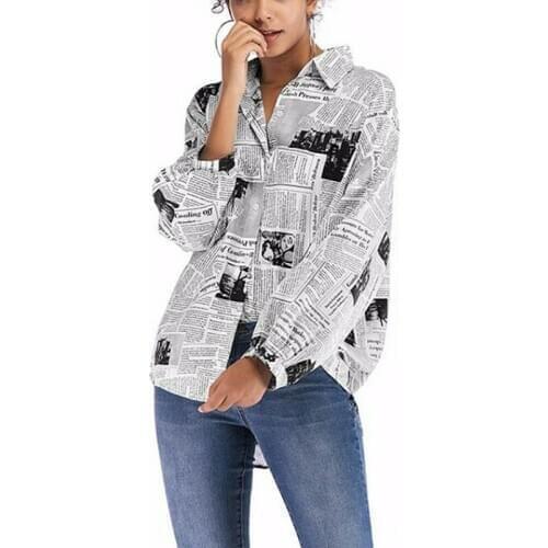 Women Newspaper Print Blouse Loose Long Sleeve Shirt Lapel Buttons Tops Casual
