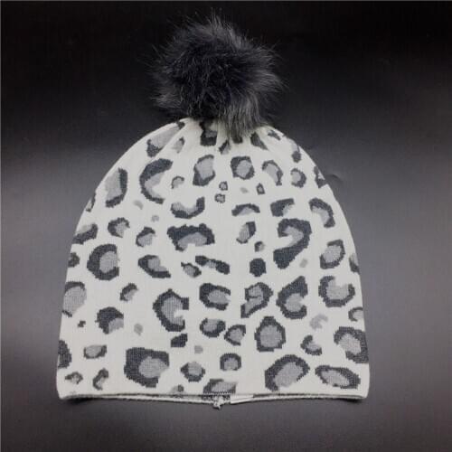 Women Wool Leopard Beanie Faux Fur Pompom Lady Girls Jacquard Cashmere Winter Hat Female Adult Knitted Soft Hat Animal Print Hat