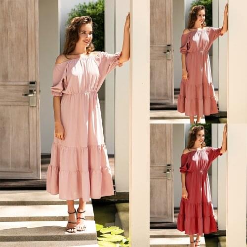 Womans Dress 2021 Hot Sale WomenS Solid Color Red One-Neckline Dress Flounces Long Dress Female Casual Dress YY71