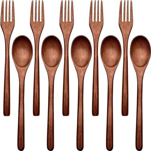 10 Pcs Wooden Spoons Forks Set Wooden Utensil Set Reusable Natural Wood Flatware Set for Cooking Stirring Eating