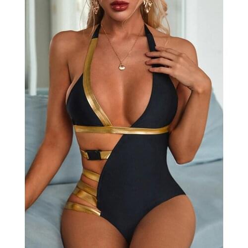 2021 Sexy Womens Swimsuit Halter Hollowed Triangle Bikinis Patchwork Deep V-neck Swimwear Bodysuit Summer Bathing Suit
