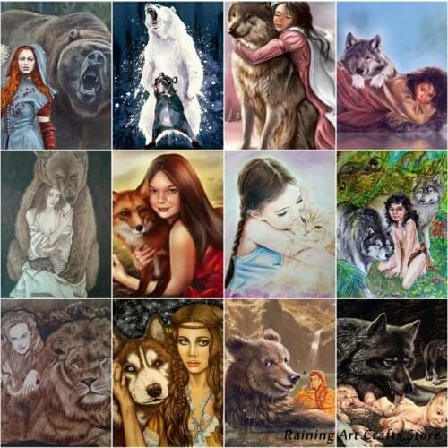 5D DIY Diamond painting woman with wolf bear lion embroidery Full drill Cross stitch kits animal Mosaic pictures Home decor gift