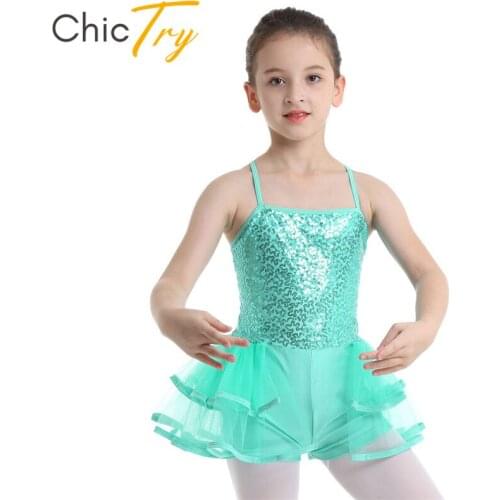 ChicTry Kids Teens Sequins Ballet Leotards Girls Gymnastics Leotard Mesh Ballet Tutu Bodysuit Stage Performance Dance Costume