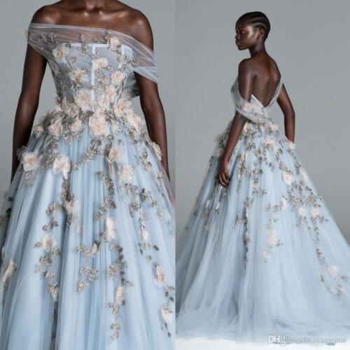 Beaded Backless Prom Dresses Off The Shoulder Neck Appliqued Evening Gowns Plus Size Light Sky Blue Tulle Formal Dress