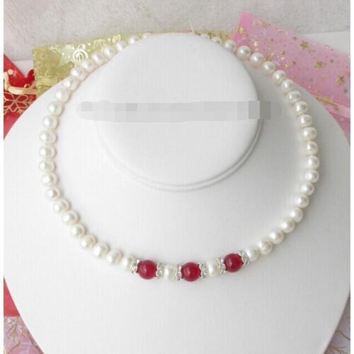 CBN252 Beautiful Elegant FW white 9mm pearl 10mm red bead Necklace