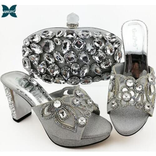 Italian design Ladies Shoes with Matching Bags African Silver Color Women Shoes and Bag Set Nigerian Women Wedding Shoes and Bag