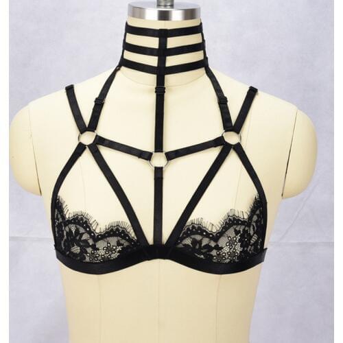 JLX.HARNESS 90s Black lace Harness lace Cage Bra Bondage Body Harness Crop Top Frame harness Bra Fetish Rave Wear lace cag bra